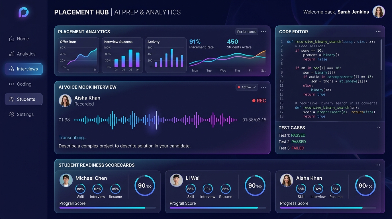 Placement OS command center showing interview, resume, sandbox, and cohort analytics